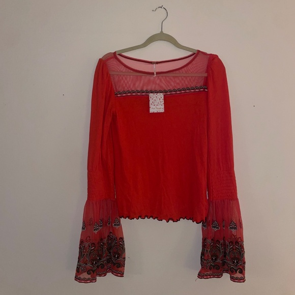 Free People High Tides Top Vibrant Orange Blouse with Bell Sleeves - Picture 4 of 9